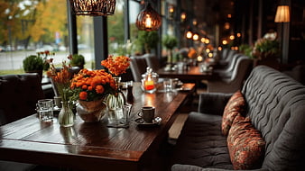 Cozy Autumn Café Interior with Wooden Table and Flowers