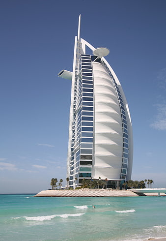 Burj Al Arab Hotel Exterior View From Beach In Dubai