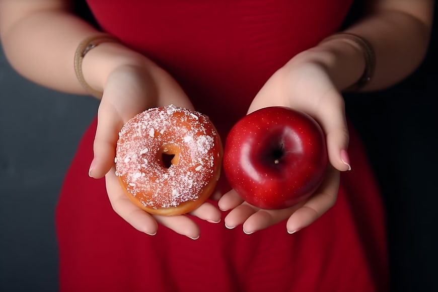 Woman holding donut and apple representing diet choice