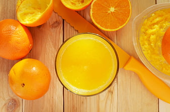 Fresh Orange Juice Flat Lay on Wooden Table