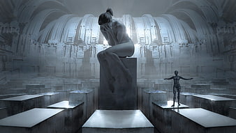 Surreal 3D render of a distressed woman in a mystical stone cathedral