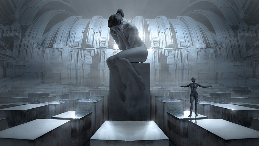Surreal 3D render of a distressed woman in a mystical stone cathedral