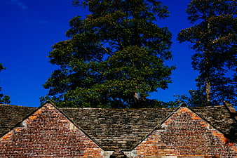 Red Brick Gables and Slate Roof Against Blue Sky