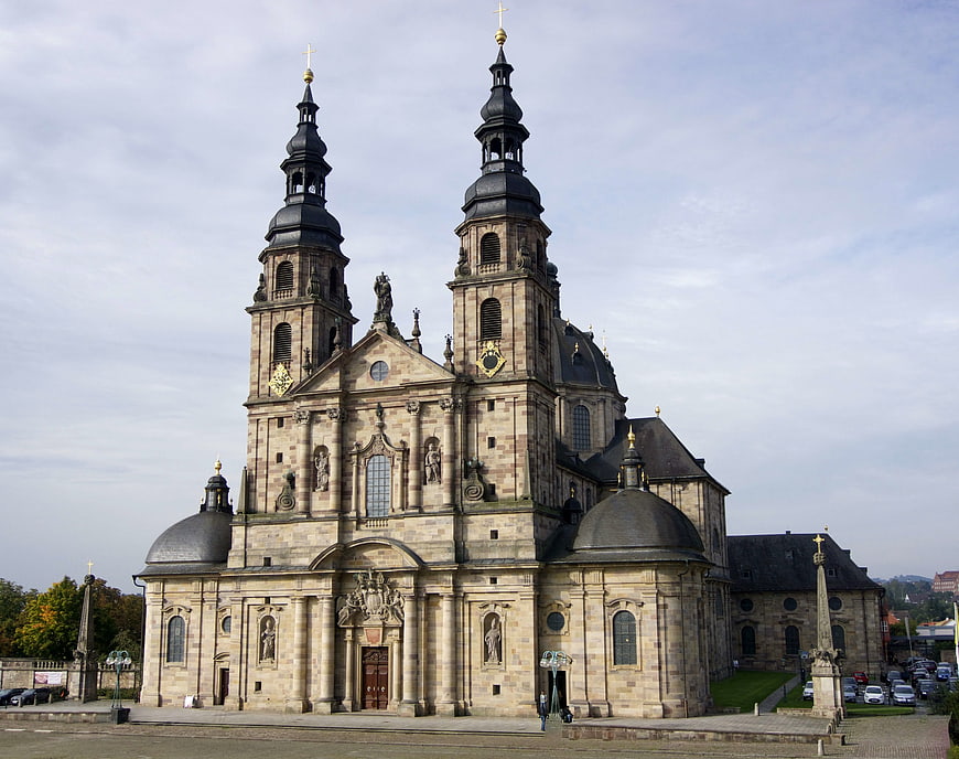 Baroque Cathedral with Twin Spires and Ornate Stone Facade