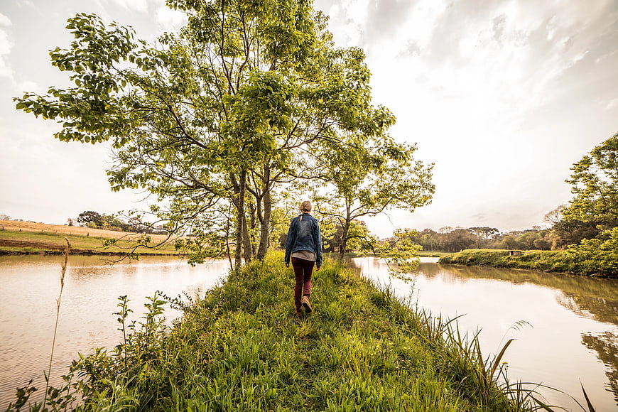 Woman Walking on Riverbank Path Under Green Trees