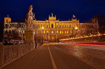 Night view of Vienna Museum of Art History with light trails