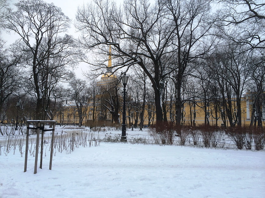 Winter Park Scene with Golden Spire in St. Petersburg