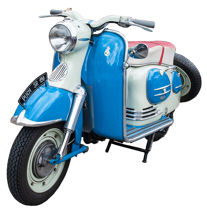 Vintage Blue and White Puch SR 150 Scooter on White Background
