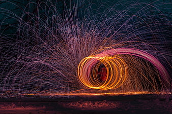 Steel wool spinning light painting sparks at night