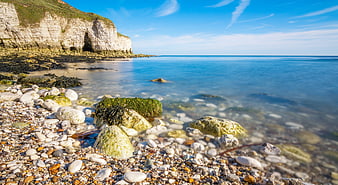 Sunny coastal landscape with white chalk cliffs and pebble beach
