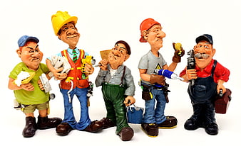 Five colorful cartoonish construction worker figurines holding tools on white background