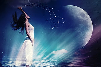 Woman in white dress reaching for stars under giant moon