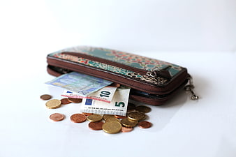 Open Wallet with Euro Banknotes and Coins on White Background