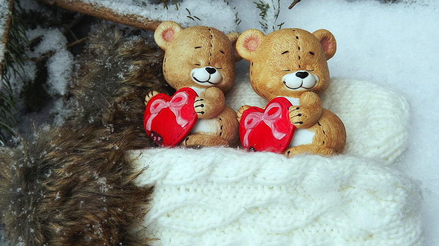 Cute teddy bears holding red hearts in winter snow