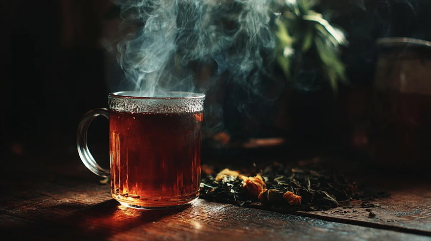 Steaming Hot Herbal Tea in Glass Mug on Wooden Table