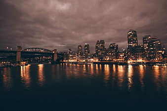 Dramatic Night Skyline of Vancouver with Granville Street Bridge