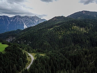 Winding Mountain Road Through Forested Valley with Peaks