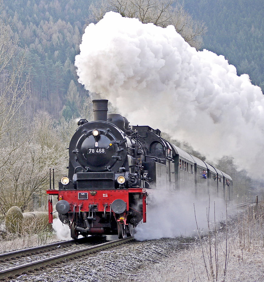 Vintage steam locomotive 78 468 on frosty tracks