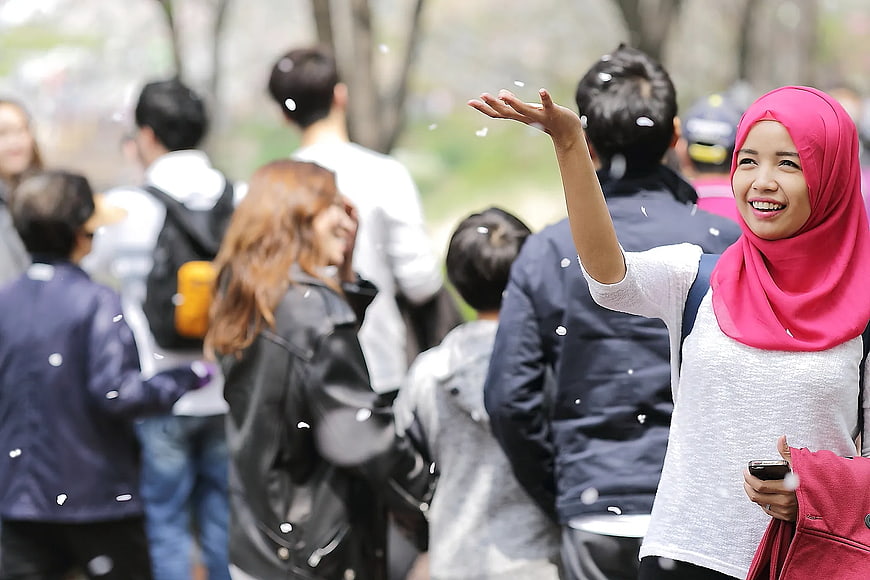 Happy Woman in Pink Hijab Catching Cherry Blossoms