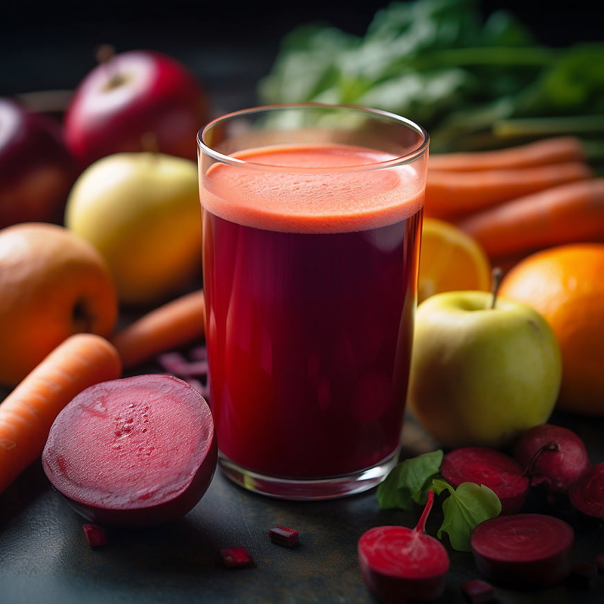 Fresh beetroot and carrot juice with fruit ingredients