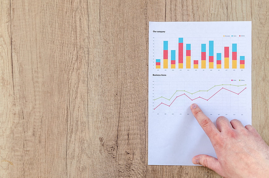 Hand pointing at business growth charts on wooden desk
