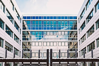 Modern white office building with blue glass windows in winter