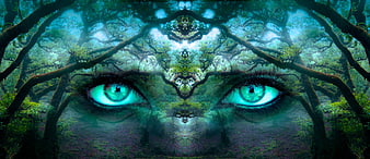 Surreal mystical forest eyes with glowing teal irises