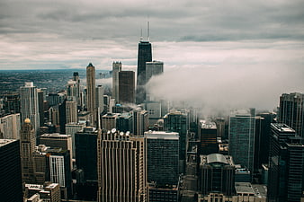 Chicago Skyline with Willis Tower in Foggy Clouds