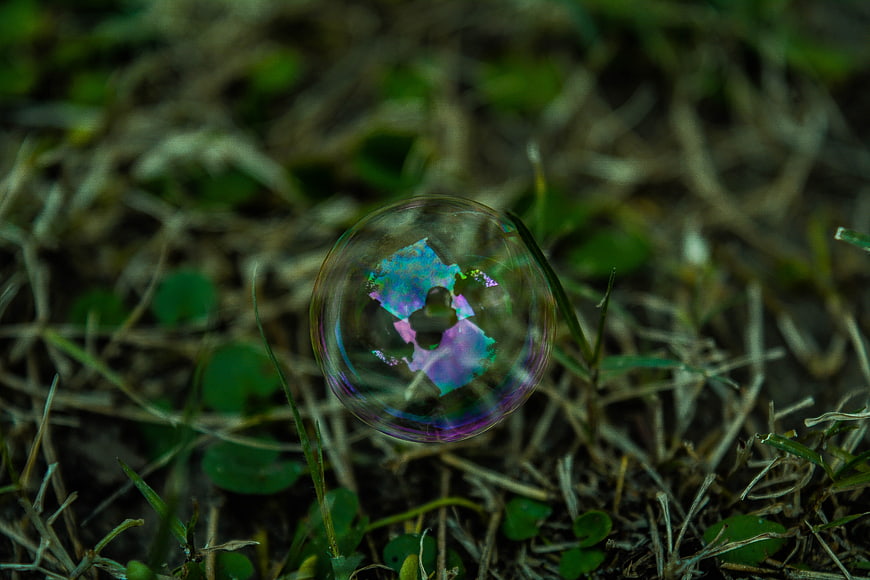 Iridescent soap bubble resting on green grass