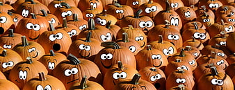 Crowd of pumpkins with cartoon faces for Halloween