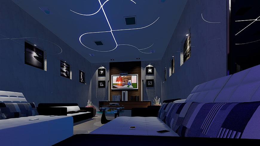 Modern 3D Home Theater Interior with Blue LED Ceiling