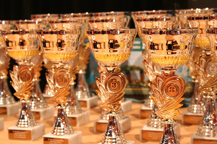 Rows of Golden Crystal Trophies on Display