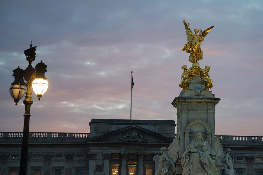 Golden Victoria Memorial Statue at Buckingham Palace at Dusk