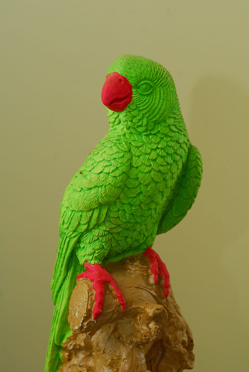 Green Parrot Statue on Wooden Perch