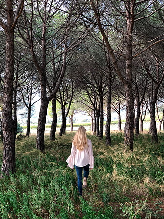 Blonde Woman Walking Away Through Pine Forest Path
