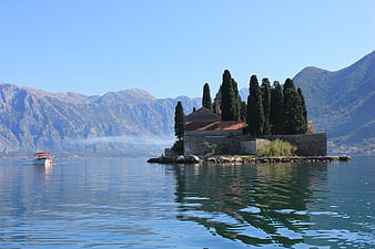 St. Nicholas Island in Kotor Bay with Mountains and Boat