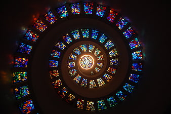 Spiral Stained Glass Ceiling in a Chapel