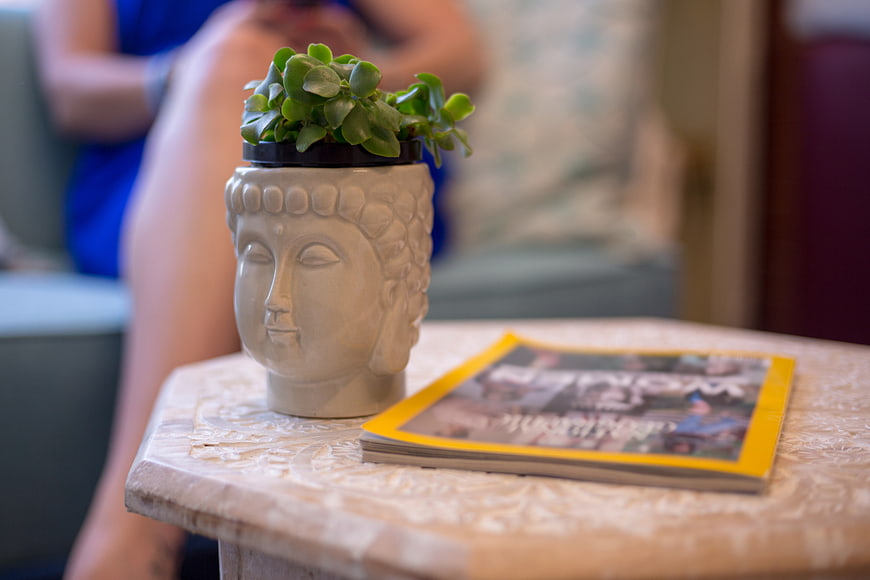 Buddha Head Planter with Succulent on Marble Table