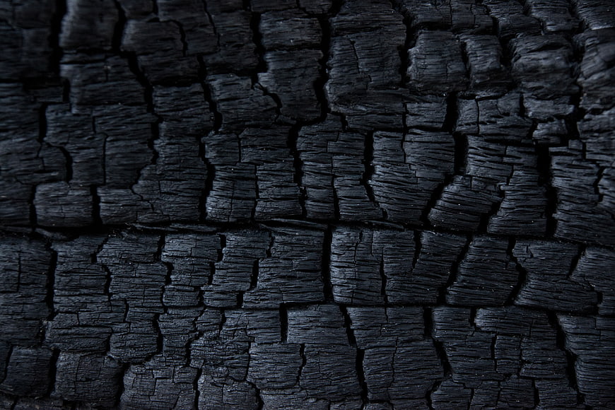 Close-up texture of charred black burnt wood surface