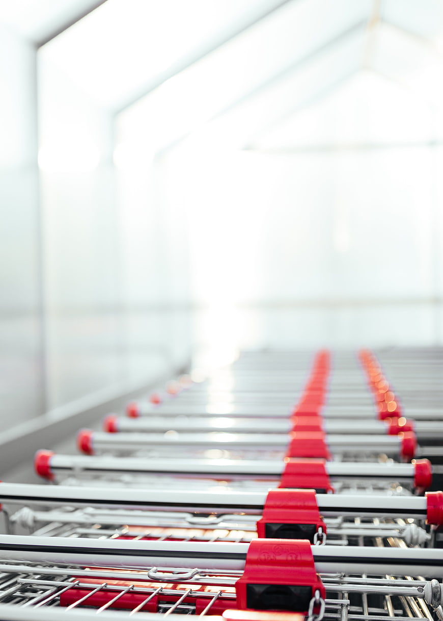 Rows of red and silver shopping carts in a bright supermarket aisle