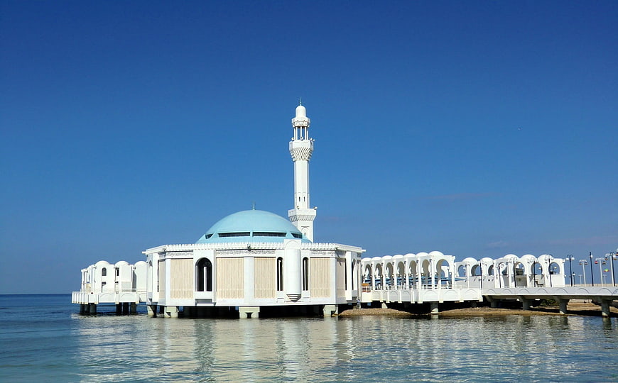 White Floating Mosque on Pier in Jeddah, Saudi Arabia