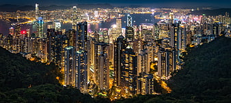Panoramic Night Skyline of Hong Kong from Victoria Peak