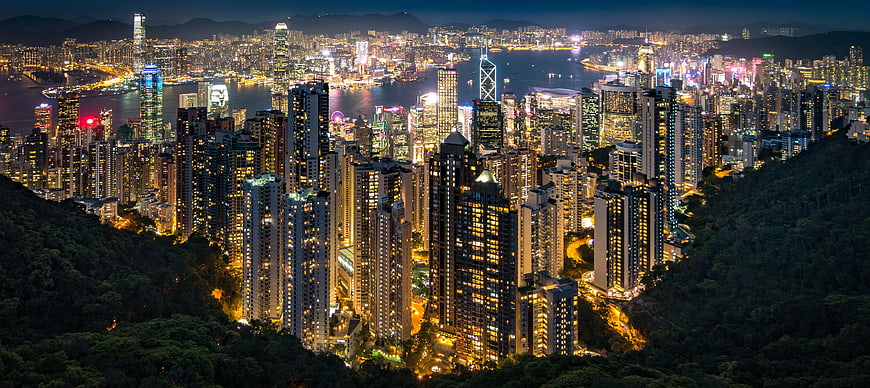 Panoramic Night Skyline of Hong Kong from Victoria Peak