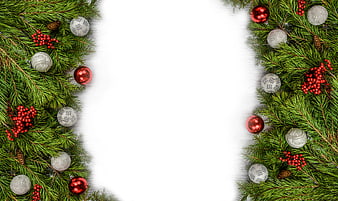 Christmas Pine Branches and Baubles Border on White Background