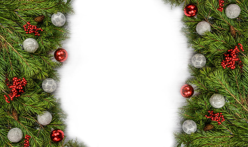 Christmas Pine Branches and Baubles Border on White Background