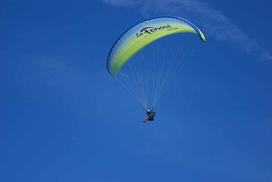 Paragliding Duo Soaring in Clear Blue Sky