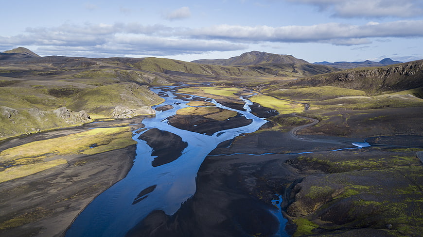 Aerial view of braided river in Icelandic highlands