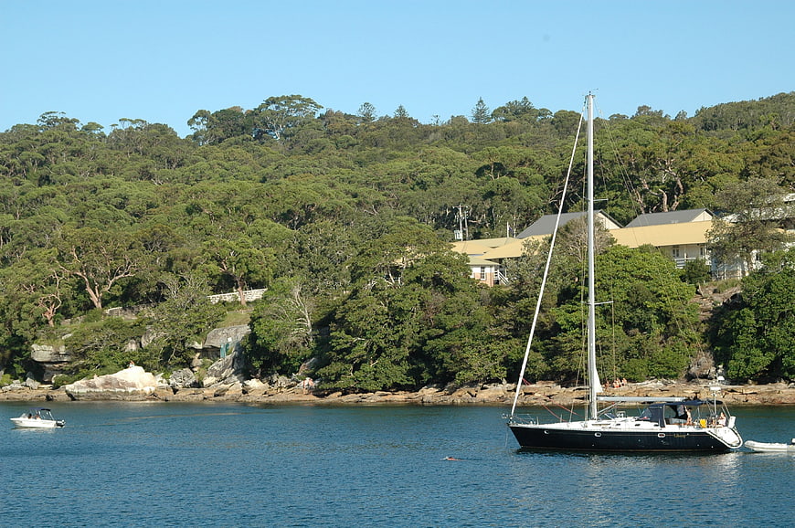 Sailboat anchored in calm blue bay with green forested hills