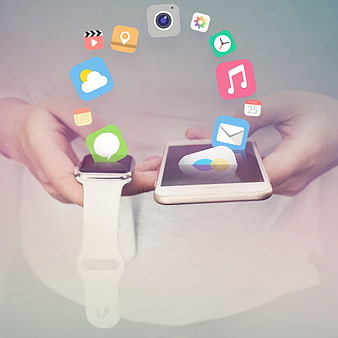 Conceptual Illustration of Smartphone and Smartwatch with Floating Application Icons