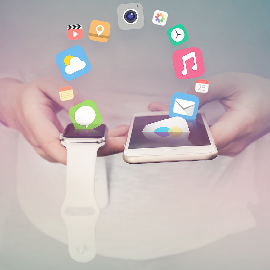 Conceptual Illustration of Smartphone and Smartwatch with Floating Application Icons